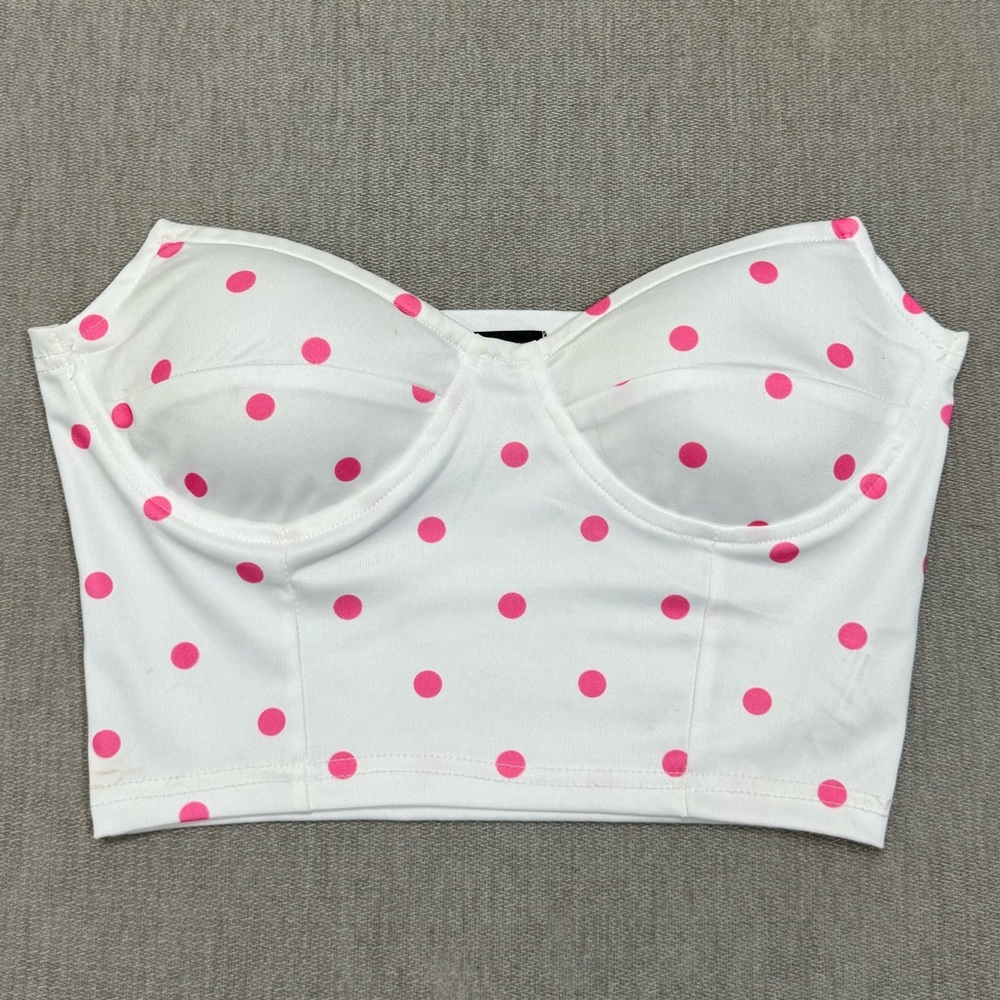 White & Pink Polka Dot Strapless Top